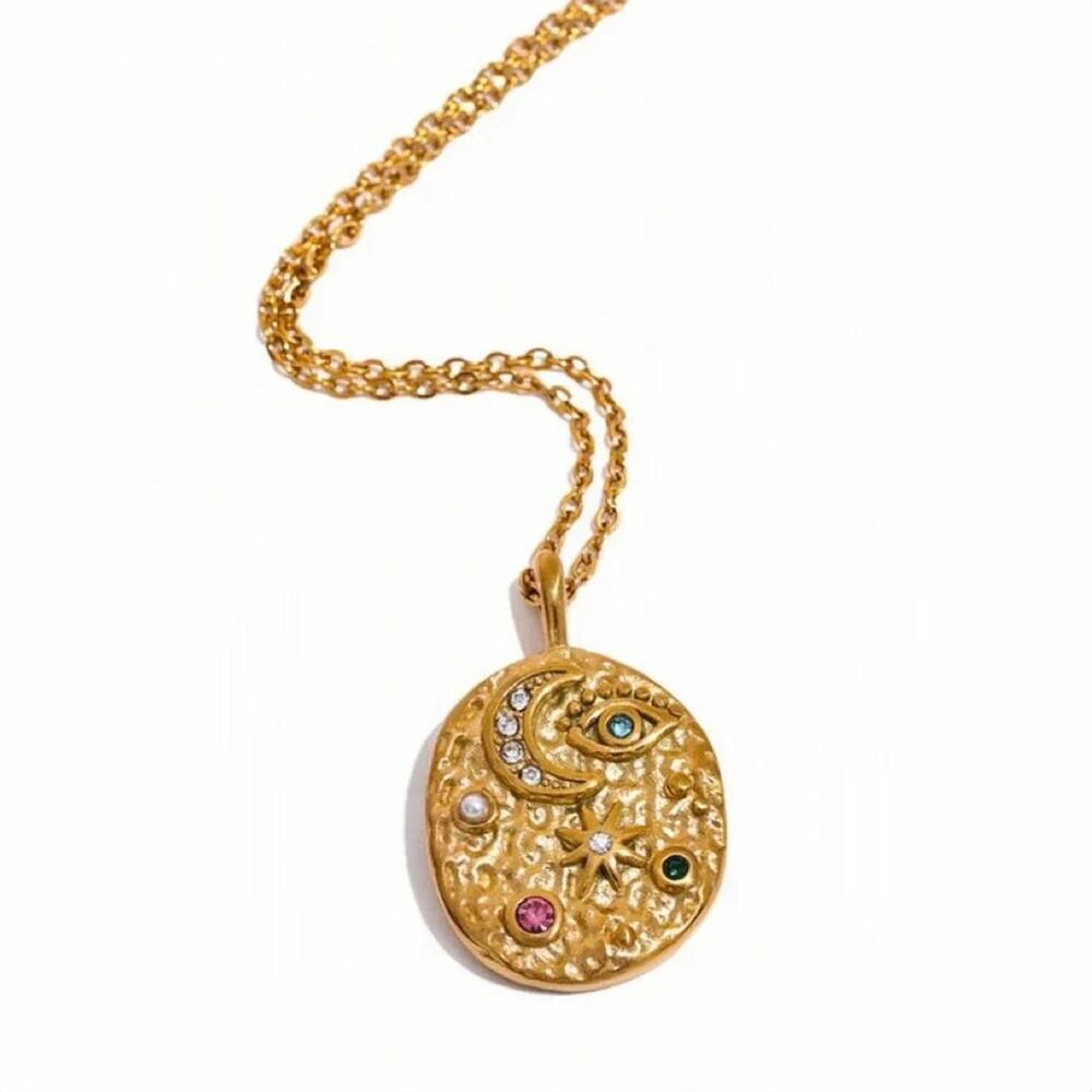 🌙 Gold Gemstone Coin Pendant Necklace – BRAND NEW